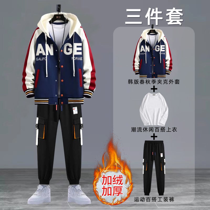 Lamb Fleece Baseball Suit Men'S Winter Group Uniform School Uniform Fleece-Lined Thickened Jacket Teenager Three-Piece Jacket Suit - Image 4